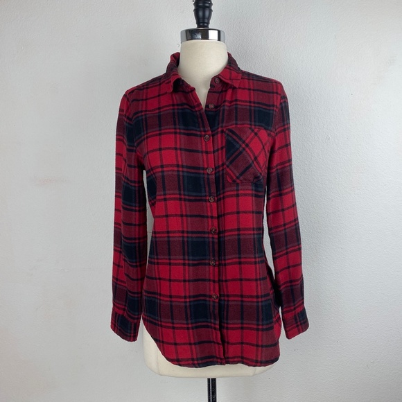 Pink Rose Red Flannel Plaid Shirt Boho Country Casual Long Sleeves Size Small - Picture 2 of 9